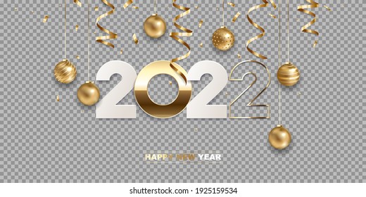 Happy new year 2022. White paper and golden numbers with Christmas decoration and confetti, isolated on transparent background. Holiday greeting card design.