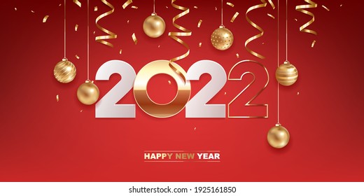 Happy new year 2022. White paper and golden numbers with Christmas decoration and confetti on red background. Holiday greeting card design.