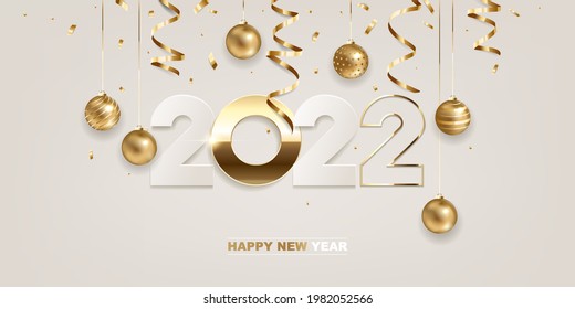 Happy new year 2022. White paper and golden numbers with Christmas decoration and confetti on white background. Holiday greeting card design.
