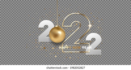 Happy new year 2022. White paper numbers and golden Christmas ball with confetti, isolated on transparent background. Holiday greeting card design.
