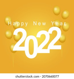 Happy new year 2022 with white text and gold balloon decoration on shiny golden gradient color square background