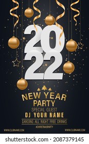 Happy New Year 2022. White paper numbers with gold Christmas decorations and confetti on a dark blue background. Design of a New Year's advertising banner for a party. Vector EPS 10.