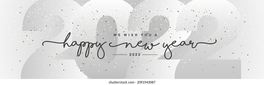 Happy New Year 2022 white gold glitter handwritten typography with silver grey 2022 background wallpaper banner greeting card