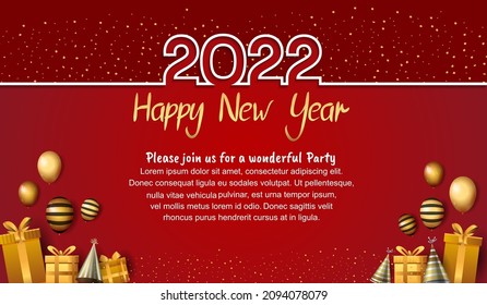 happy new year 2022 white outline number with party element isolated on red background for celebration event