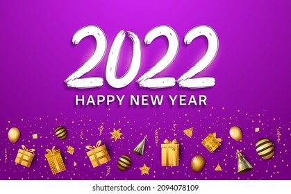 happy new year 2022 white color number with golden balloons, glitter and gift box isolated on brown background for celebration event