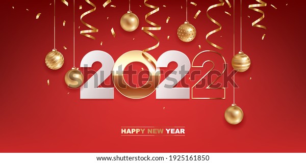 Happy new year 2022. White paper and golden\
numbers with Christmas decoration and confetti on red background.\
Holiday greeting card\
design.