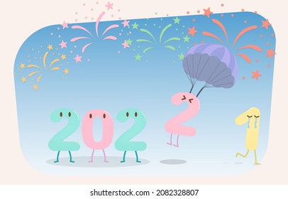 Happy New Year 2022 The new year will begin, cartoon characters 2 is coming and 1 will be released. Eps10 vector illustration.