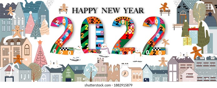 Happy New Year 2022 With Winter Landscape In Village. Chritsmas Eve On Winter Wonderland In The Town With Happy Polar Bear Play Ice Skating And Gingerbread Man Celebrating In The Park,Vector Christmas