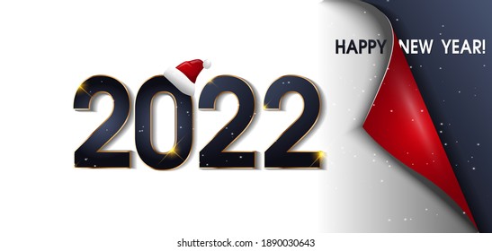 Happy New Year 2022 winter holiday greeting card design template. 2022 Happy New Year Black Promotion Poster or banner with open gift wrap paper.