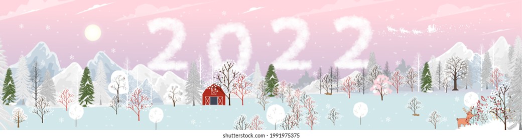 Happy New Year 2022 with winter landscape in city with people celebrating on Christmas eve.Vector illustration Winter wonderland in the town with happy kids sledding and skating in the city park 