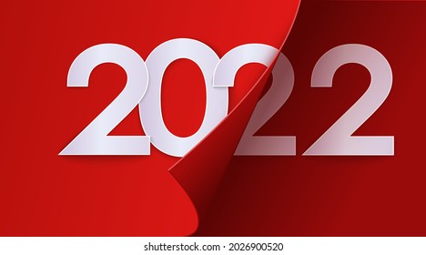 Happy New Year 2022 winter holiday greeting card design template. End of 2021 and beginning of 2022. The concept of the beginning of the New Year. The calendar page turns over and the new year begins.