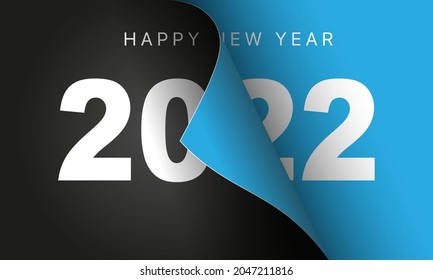 Happy New Year 2022 winter holiday greeting card design template. End of 2021 and beginning of 2022. The concept of the beginning of the New Year. The calendar page turns over and the new year begins.