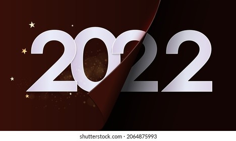 Happy New Year 2022 winter holiday greeting card design template. End of 2021 and beginning of 2022. The concept of the beginning of the New Year. The calendar page turns over and the new year begins.