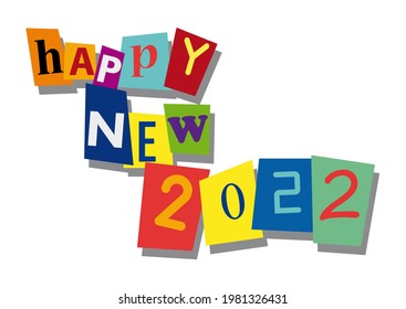 happy new year 2022, word and text cut from paper, in flat design