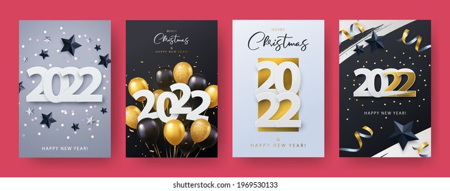 Happy New Year 2022. Xmas vector illustration of paper cut 2022 with sparkling confetti, silver and black stars, gold and black realistic 3d flying balloons, golden brush stroke. Template Set