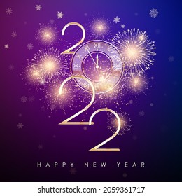 Happy New Year 2022. New Years banner with golden numbers and firework. Greeting card text design. Vector illustration