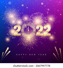 Happy New Year 2022. New Years banner with golden numbers firework and color background. Greeting card text design. Vector illustration