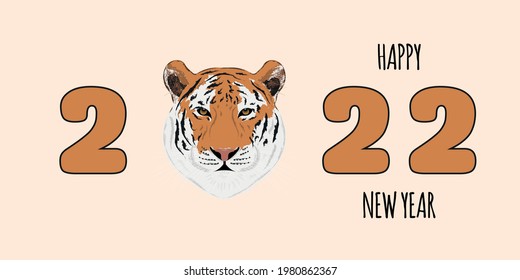 Happy New Year 2022. Zero in the shape of a tiger's head. Vector illustration.
