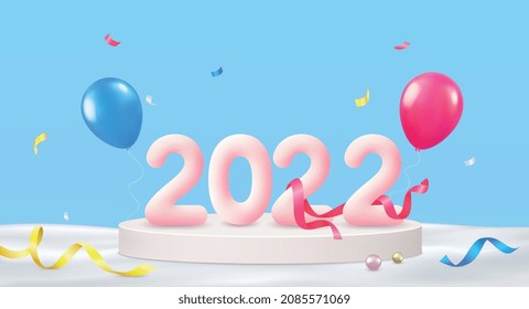 Happy new year 2022.3D numbers with ribbons and confetti on the podium, balloons, garlands. Congratulatory Christmas blue background with snowdrifts for festive events.