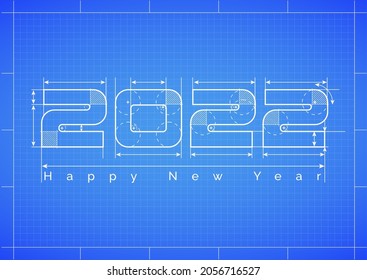 Happy new year 2022,Blueprint technical drawing outline text,architecture style on blue background