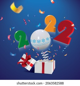 Happy New Year 2022,surprising box with year and colorful confetti jumping out like a jack in the box isolated on the blue background