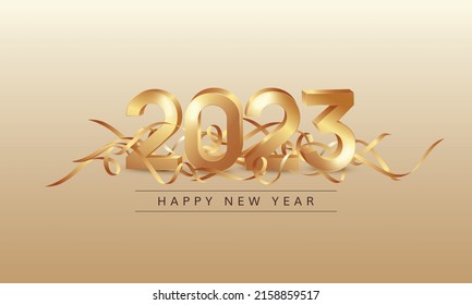 Happy new year 2023 with 3D golden number and ribbon. 2023 new year