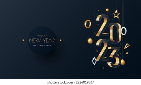 Happy New Year 2023 3d text design. Gold number 2023 typography greeting card design on dark background. Vector holiday composition of numbers.