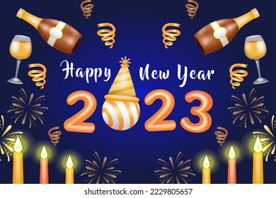 Happy New Year 2023. 3d illustration of ornament of wine bottles, glasses and candles