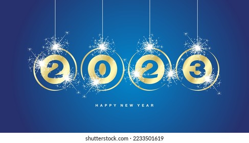 Happy New Year 2023 3d golden realistic numbers for 2023 on christmas balls logo with sparkle firework on blue background