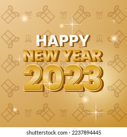 feliz año nuevo 2023 con efecto de texto 3d, fondo dorado y patrón giftbox. concepto sencillo y elegante. uso de tarjetas de felicitación y medios sociales