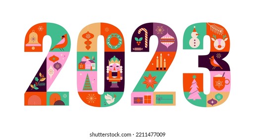 Alles Gute zum Neujahr 2023: abstraktes geometrisches Design, Urlaubsgeschenke, Winterelemente, Kerzen, Weihnachtsbaum, Dörfer- und Weihnachtsdekorationen. Farbige Vektorgrafik im flachen geometrischen Cartoon-Stil