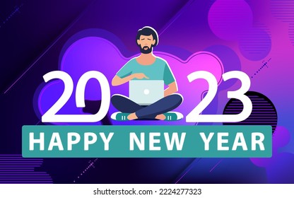 Happy New Year 2023, abstract banner. Background texture. A man in the lotus position works in a notebook, writes greetings. Design with white numbers. Yoga, boy.2023 Elements for calendars, postcards