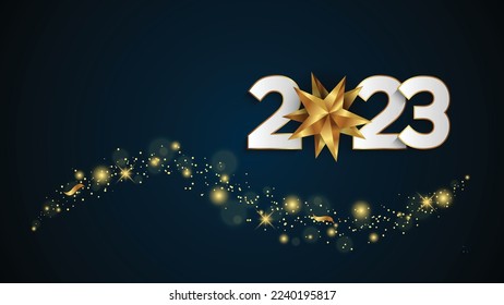 Happy new year 2023. Abstract shiny color gold wave design element, White paper numbers with golden.