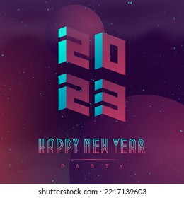 Feliz Año Nuevo 2023. Aplicable a cubiertas, carteles, afiches musicales y volantes dj. Ilustración sobre el tema espacial. Cartel de diseño futurista con elementos abstractos en el espacio oscuro. Planetas abstractos.