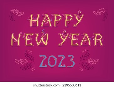 Happy New Year 2023 Artistic inscription with folk botanical decor