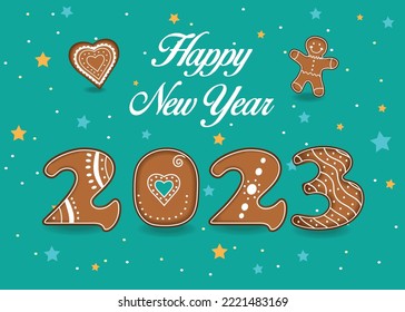 Happy New Year 2023. Artistic brown alphabet as christmas ginger cookies with white cream decor. Green background with stars and confetti. Heart and Ginger man cookies. Vector Illustration