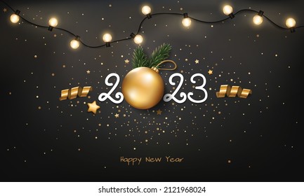 Happy New Year 2023 background with Christmas light and decoration.