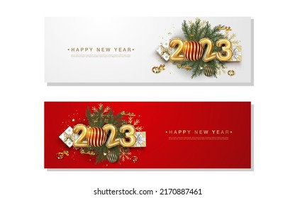 Happy new year 2023 background. balloon numbers with confetti and ribbons on set background. 