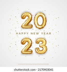 Happy new year 2023 background. realistic balloon numbers with confetti and ribbons on square background. 