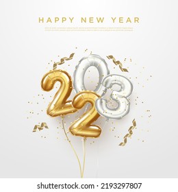 Happy new year 2023 background. realistic balloon numbers on square background.