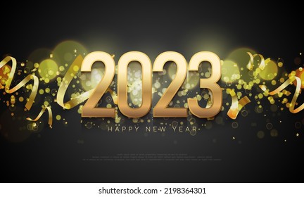 Happy new year 2023 background with shiny luxury gold numbers.