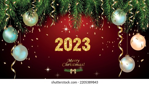 Happy New Year 2023 background with golden sparkling texture. Gold numbers 3, 2, 0, 23 . Postcard with silver, pearly Christmas tree toys. Vector Illustration for holiday greeting card