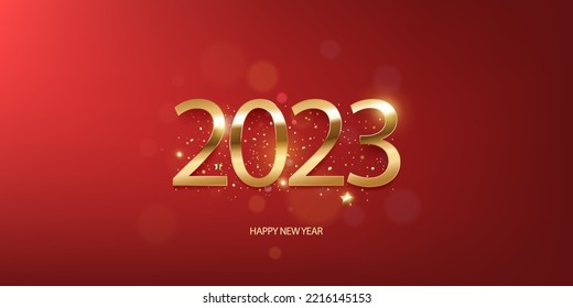 Happy new year 2023 background. Shiny Golden numbers with confetti on red background. Holiday greeting card design. Vector illustration.