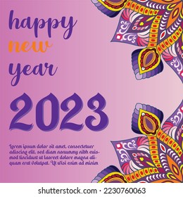 Happy new year 2023 background template in pink color and flower mandala for social media post.