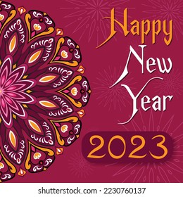 Schönes neues Jahr 2023 Hintergrundvorlage in dunkelroter Farbe und Blume Mandala für Social Media Post.