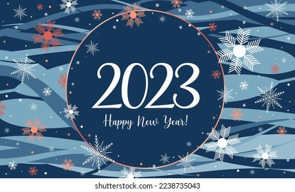 Happy new year 2023 background. Snow flakes confetti on blue background. Holiday greeting card design. Vector illustration.