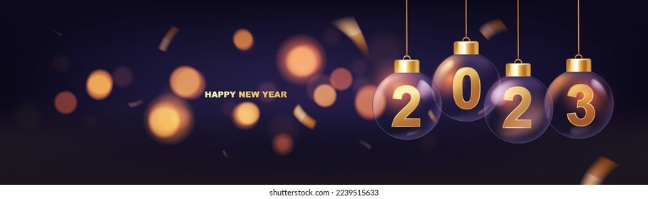 Happy new year 2023 background. Hanging transparent Christmas balls with golden numbers of 2023 year with shiny lights in background.