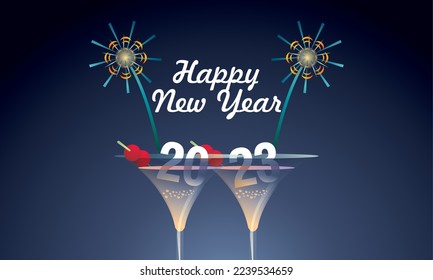  Happy New Year 2023 background design. cocktail and fireworks with copy space.
