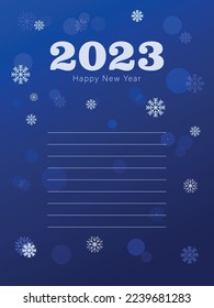 Feliz Año Nuevo 2023. Concepto creativo para banner, volante, portada, medios sociales. Paisaje invernal con copos de nieve, luces, estrellas.	