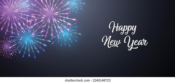 Happy new year 2023 background Greeting card. Beautiful holiday web banner or billboard with firework with white text. EPS10 vector art